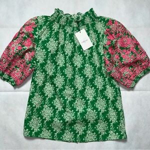 THML green and pink embroidered puff sleeve button back top NWT size XS